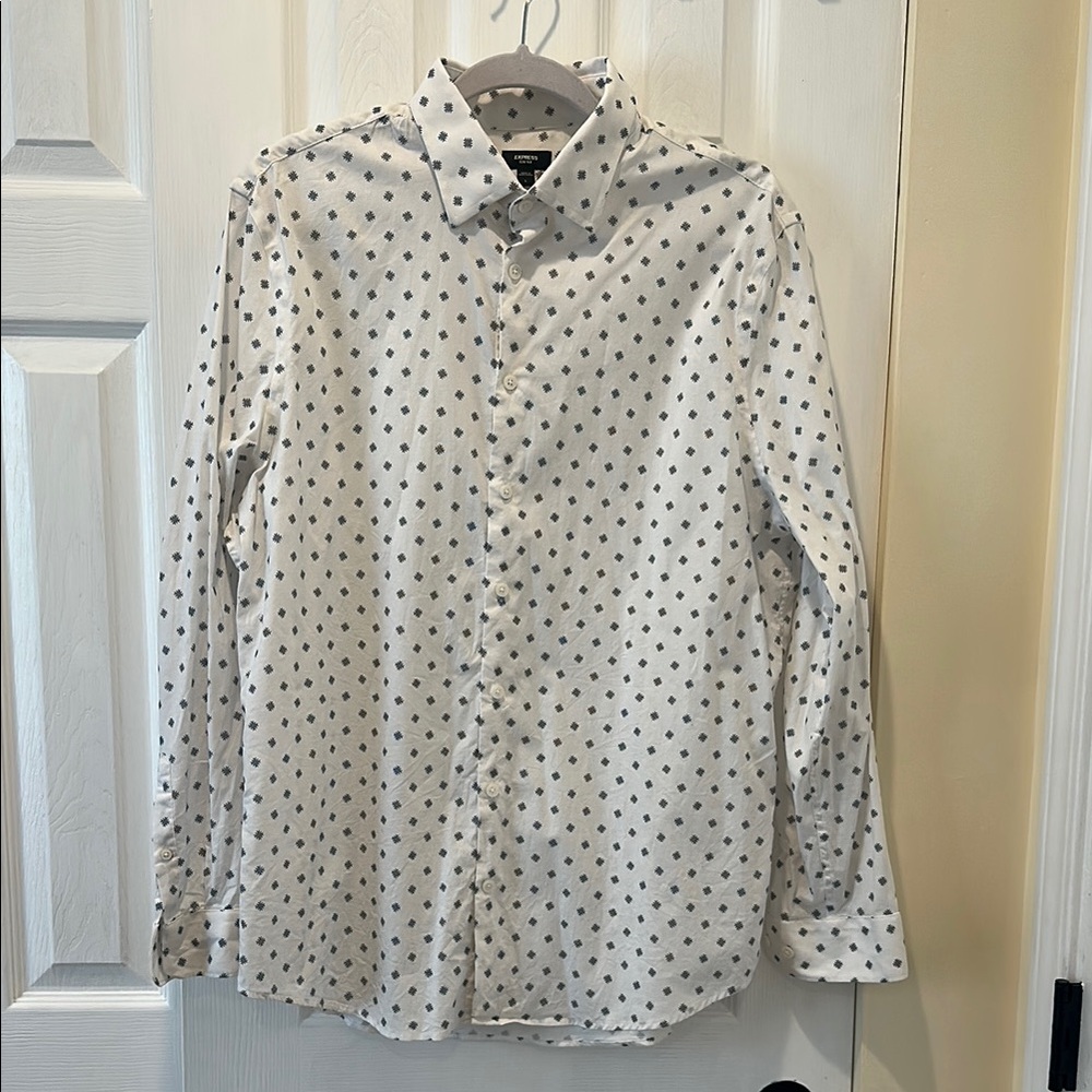Express White and Blue Casual Button Down Shirt